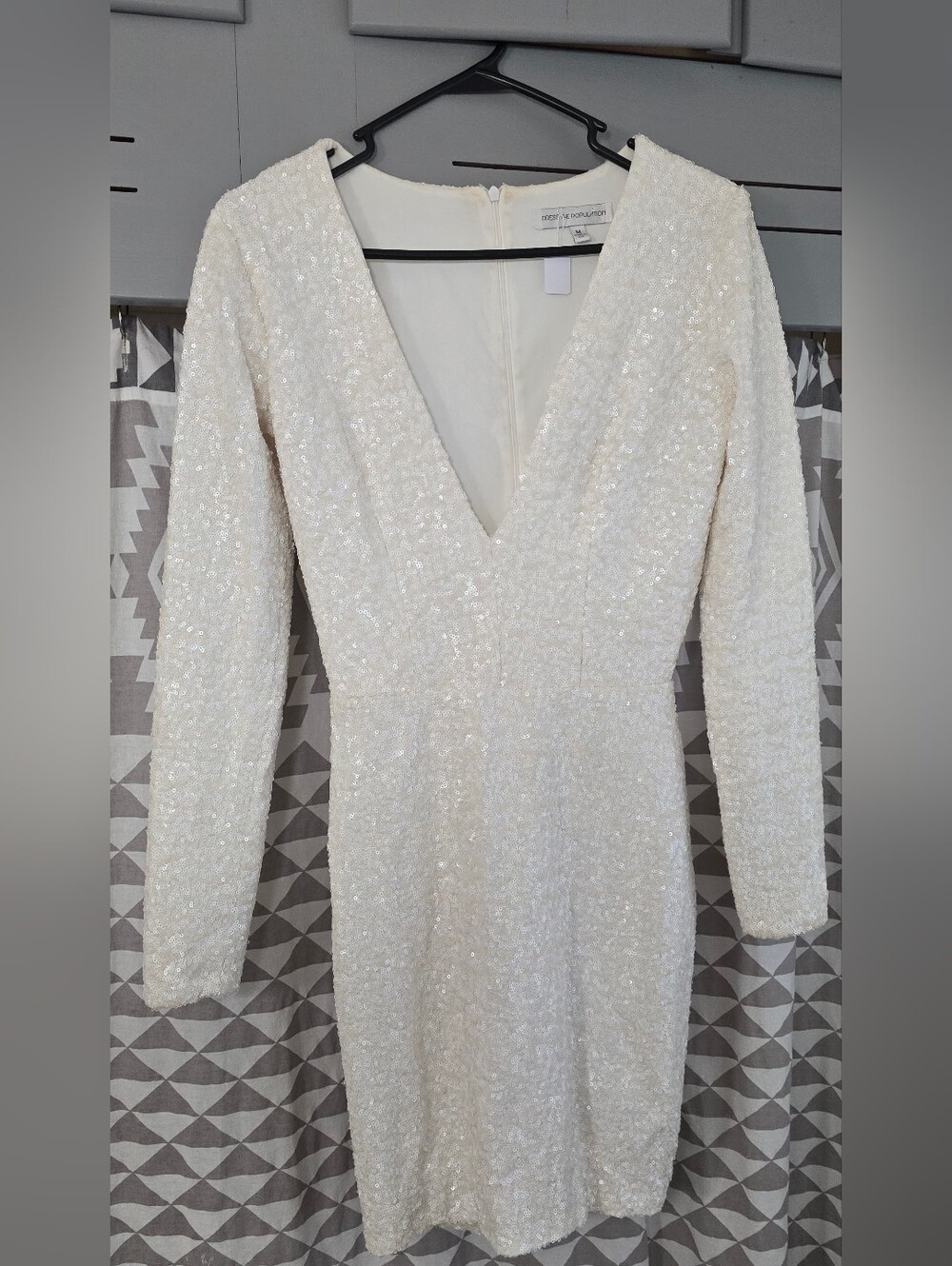Dress The Population White Sequin V-Neck Long Sleeve Mini Dress